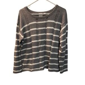 Oc‎ Grey White Striped Distressed Ladder Stitch Knit Sweater Womens Medium